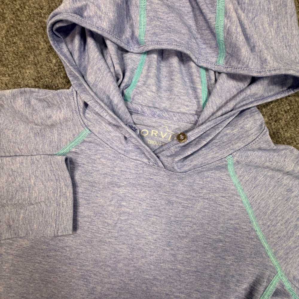 Orvis Trout Bum Hoodie Womens XS Blue Heathered Performance Thumbhole Top 0908